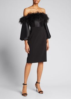 Balloon-Sleeve Off-Shoulder Feather Trim Dress