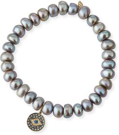 Gray Pearl Bead Bracelet w/ 14k Evil Eye Charm