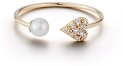 14k Pearl and Diamond Heart Cuff Ring, Size 6