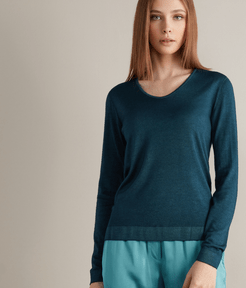Ultralight V-neck Cashmere Sweater Woman Teal Green Size M