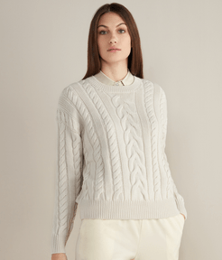 Braided Wool Crew Neck Sweater Woman Powder White Size S