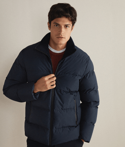 Down Jacket with Wool Collar Man Navy Blue Size 50