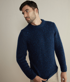 Wool and Mohair Tweed Crew Neck Sweater Man Blue Size 56