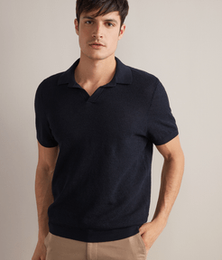 Linen and Cotton Piqué Polo Shirt Man Navy Blue Size 56