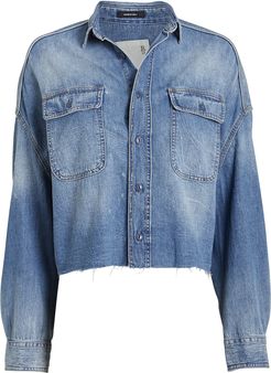 Distressed Denim Cropped Shirt, Blue Denim S