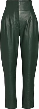 Tapered High-Waist Leather Pants, Green 44
