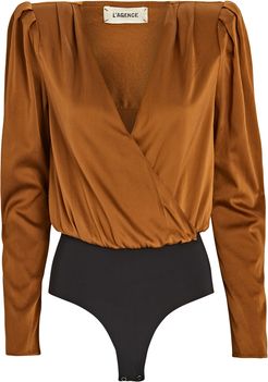 Brenda Silk Puff Sleeve Bodysuit, Brown P
