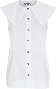Ruffled Sleeveless Button-Down Shirt, White 38