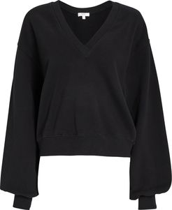 V-Neck Balloon Sleeve Sweatshirt, Black P