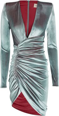 Draped Velvet Long Sleeve Dress, Grey 36