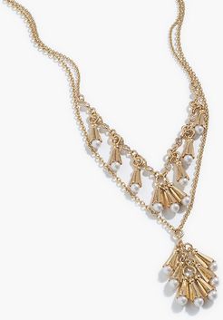 Layered pearl fringe charm necklace