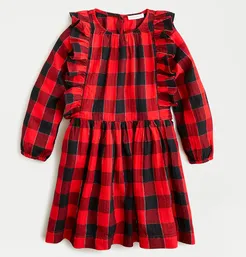 Girls' ruffle-trim flannel dress in snowy Stewart tartan