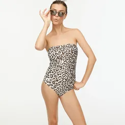 Long-torso ruched bandeau one-piece swimsuit in leopard print
