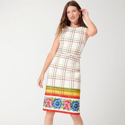 Belted bi-stretch cotton dress with floral border