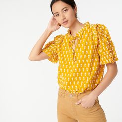 Ruffle-sleeve cotton voile top in floating sunflowers