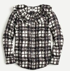 Collection silk twill ruffle-collar top in plaid