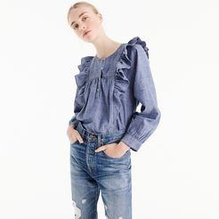 Ruffle-front chambray top