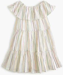 Girls' off-the-shoulder tiered-ruffle dress in rainbow stripe