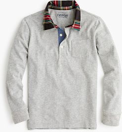 Boys' long-sleeve polo shirt with Stewart black tartan collar