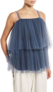 Tiered Pleated Tulle Top with Monili Straps