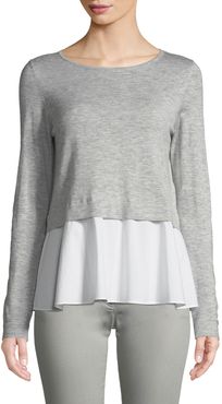 Long-Sleeve Pullover Top w/ Poplin Hem