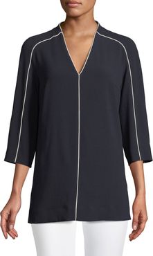 V-Neck 3/4 Sleeve Crepe Blouse w/ Contrast Piping