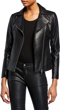 Zip-Front Knit-Trim Leather Moto Jacket