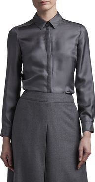 Silk Twill Button-Front Blouse, Gray