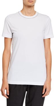 Monili-Beaded Flat Cotton Jersey Short Sleeve T-Shirt