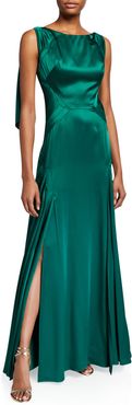 Satin Boat-Neck Draped-Back Gown