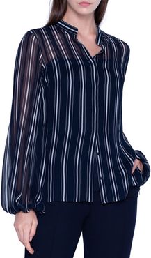 Striped Sheer Silk Button-Front Blouse