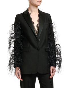Feather-Trim Wool Blazer Jacket