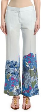 Floral-Cuff Silk Wide-Leg Pants