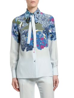 Floral-Print Silk Tie-Neck Shirt