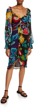 Draped Georgette Japanese Floral-Print Dress