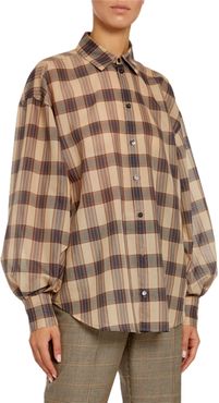 Oversized Plaid Balloon-Sleeve Shirt