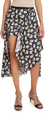 Bouquet-Print Silk Asymmetric Skirt