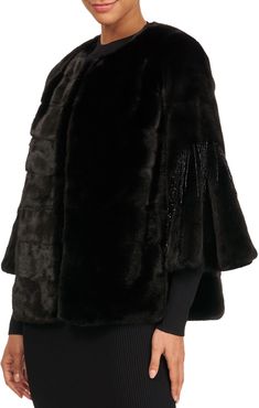 Horizontal Mink Fur 3/4 Bell Sleeve Jacket W/ Crystal Detail