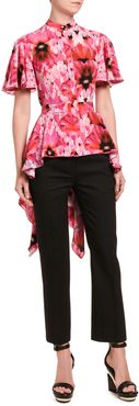 Floral Silk High-Low Flutter-Sleeve Shirt