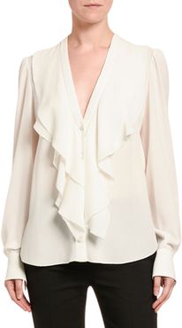 Silk Ruffled-Front V-Neck Blouse