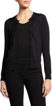 Button-Front Stretch Knit & Lace Combo Cardigan