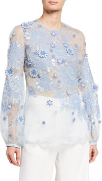 Floral-Embroidered Chiffon Puff Sleeve Blouse