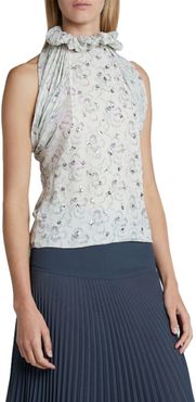 Floral Silk Georgette Short-Sleeve Halter-Neck Top