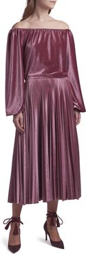 Off-the-Shoulder Pleated Velvet Dress