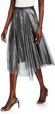Metallic Tulle Pleated Midi Skirt