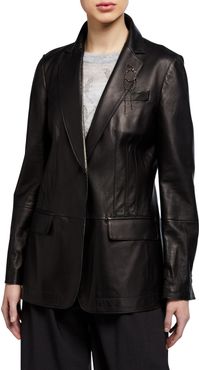 Leather Blazer Jacket with Monili Brooch