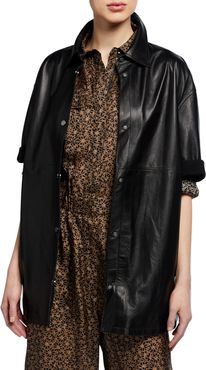 Leather Short-Sleeve Snap-Front Shirt Jacket