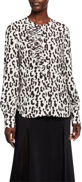Snow-Leopard Crepe Ruffled Shirt