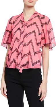 Chevron Printed Bow-Collar Short-Sleeve Blouse