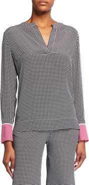 Niassu Mini-Houndstooth Checked Silk Blouse